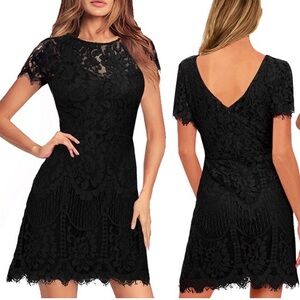Black Lace Short Sleeve Dress - Elegant Women's Cocktail Dress